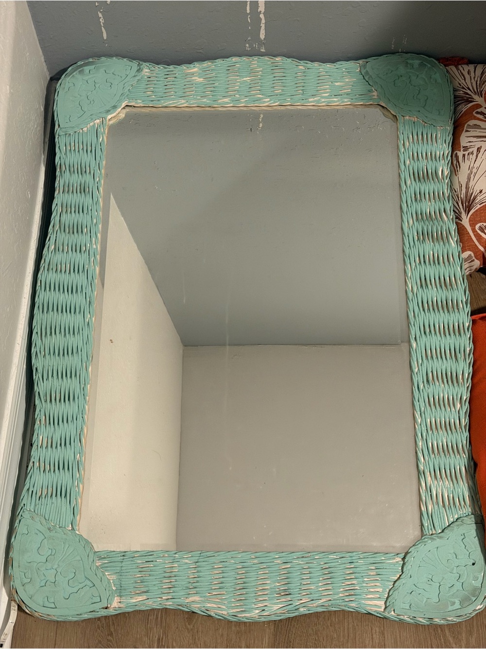 Mint Green Wicker Wall Mirror - Unbranded